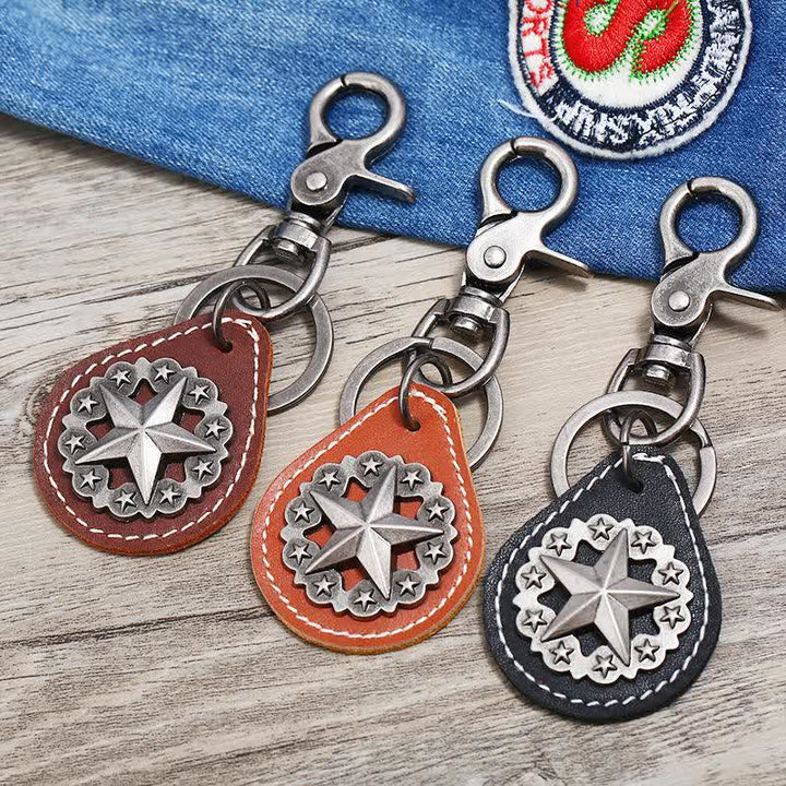 Porte-clés en cuir avec pendentif médaillon Lone Star