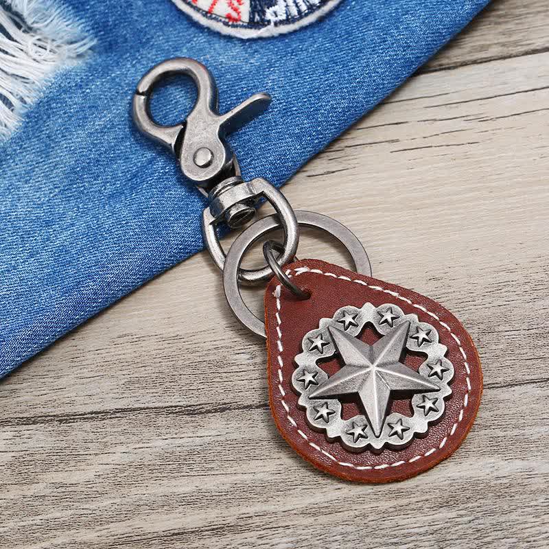 Porte-clés en cuir avec pendentif médaillon Lone Star - Brun - image 1