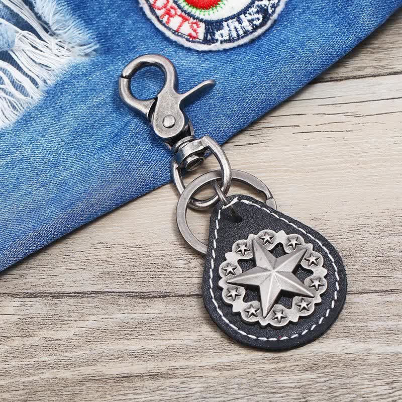 Porte-clés en cuir avec pendentif médaillon Lone Star