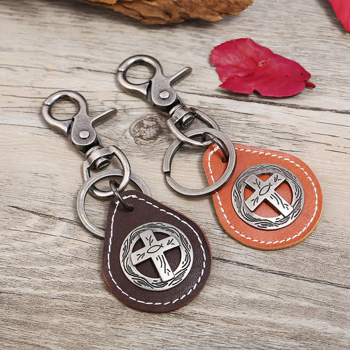 Porte-clés en cuir avec pendentif en forme de croix rétro