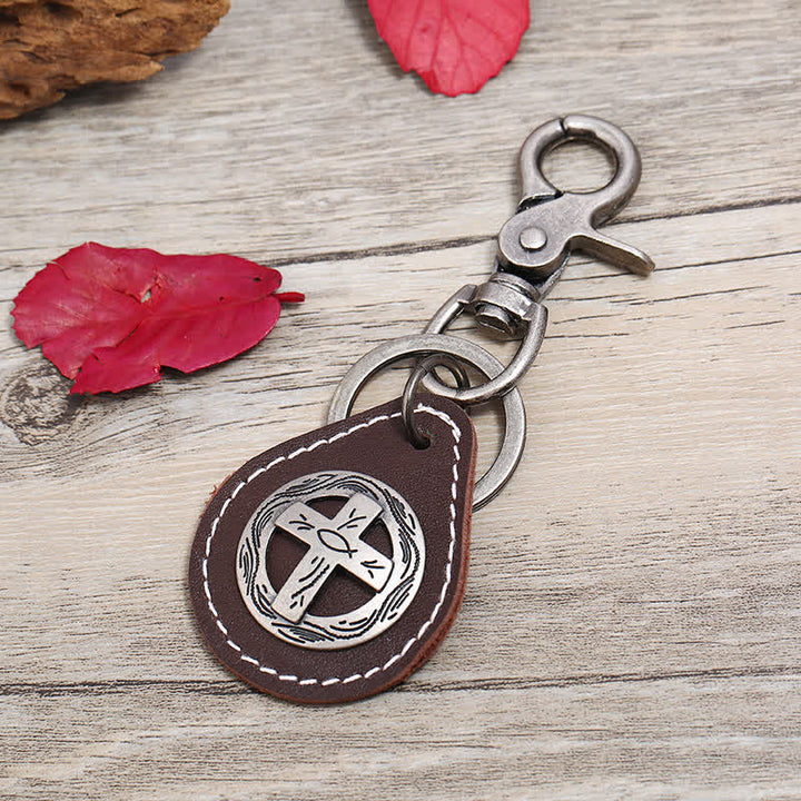Porte-clés en cuir avec pendentif en forme de croix rétro