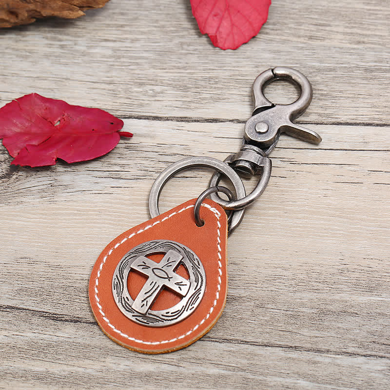 Porte-clés en cuir avec pendentif en forme de croix rétro - Orange - image 1