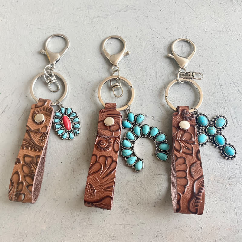 Porte-clés en cuir avec pendentif en relief turquoise de Bohême - image 0