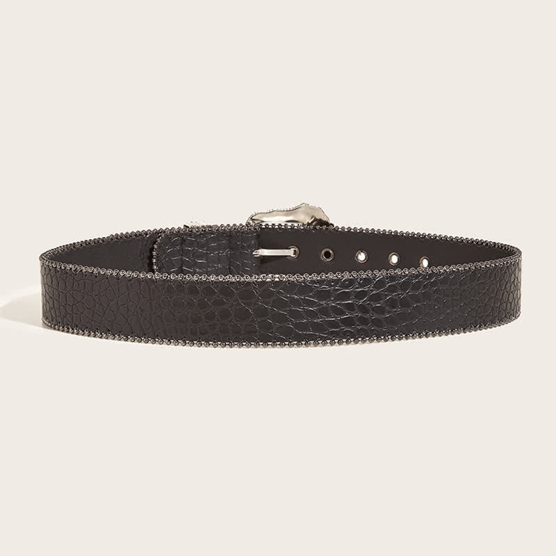 Ceinture en cuir imprimé crocodile avec bordure en macramé pour femme
