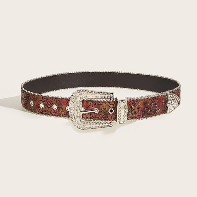 Ceinture en cuir marron à motif floral et strass pour femme