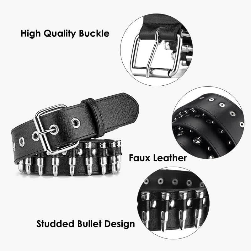 Ceinture en cuir cloutée noire à rivets et motif Bullets Punk Rock
