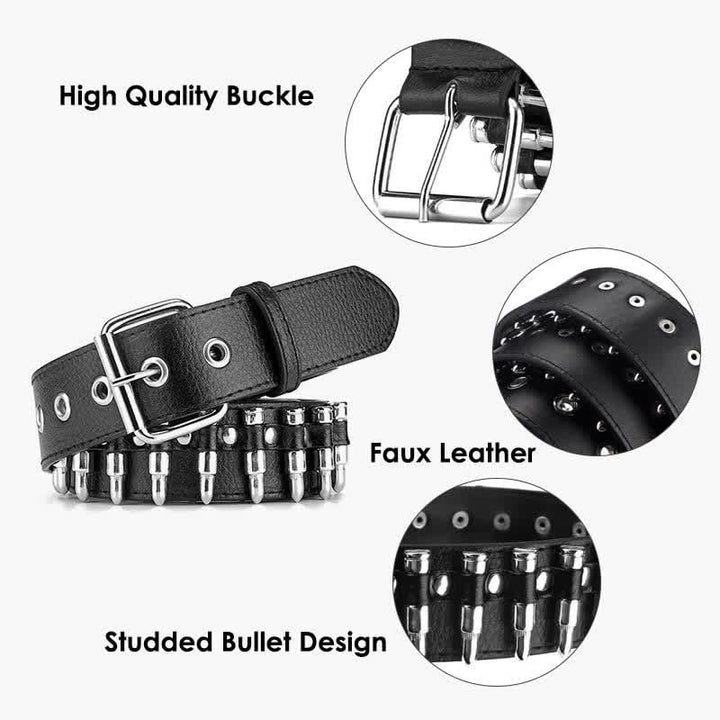 Ceinture en cuir cloutée noire à rivets et motif Bullets Punk Rock