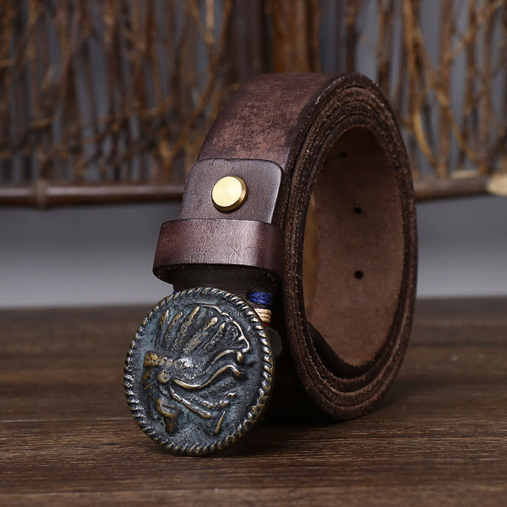Ceinture en cuir à tête d'Indien vintage vieillie pour homme