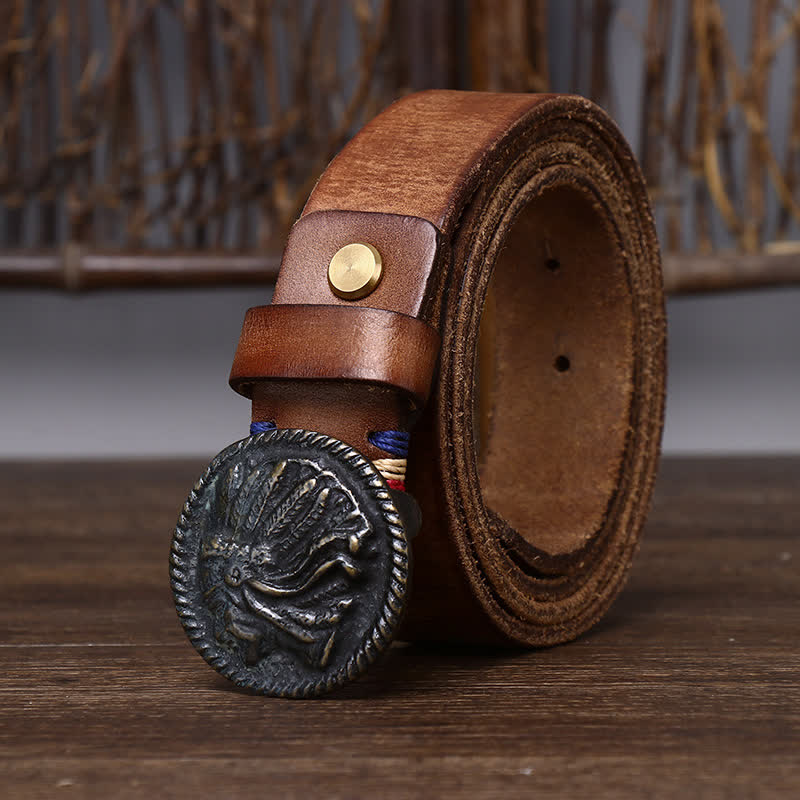 Ceinture en cuir à tête d'Indien vintage vieillie pour homme