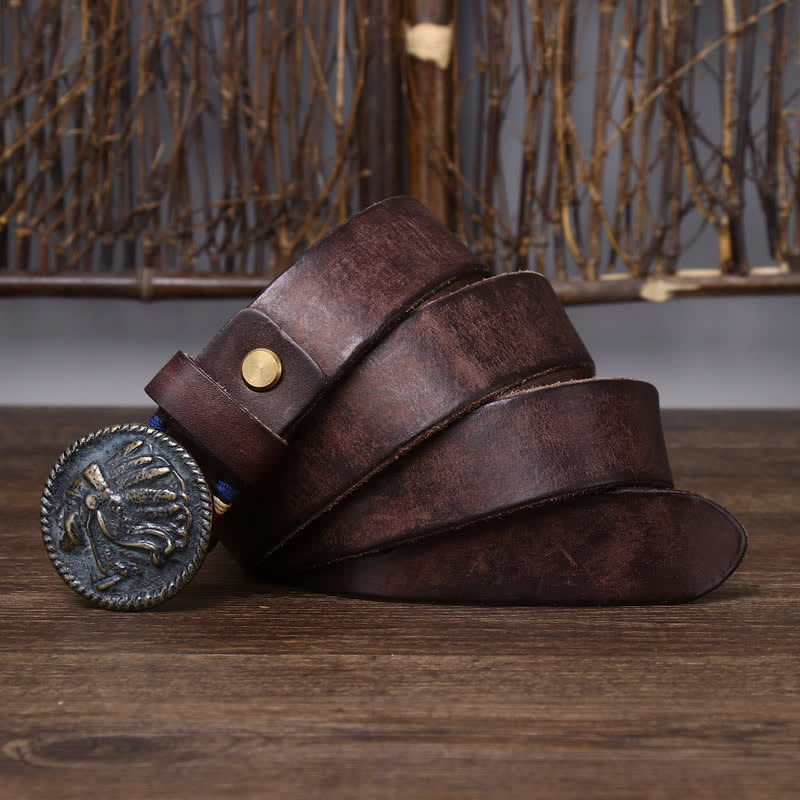 Ceinture en cuir à tête d'Indien vintage vieillie pour homme