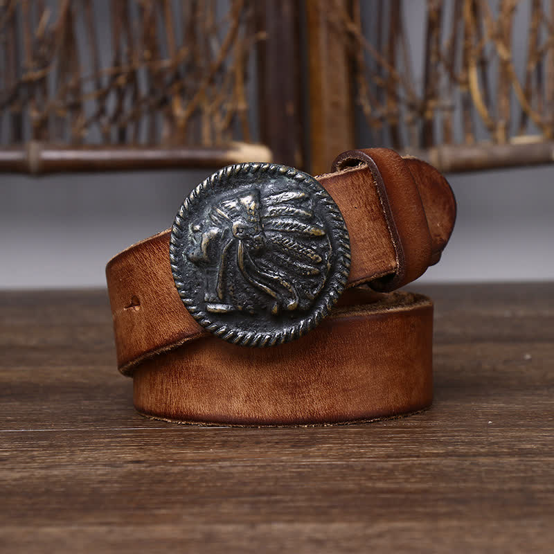 Ceinture en cuir à tête d'Indien vintage vieillie pour homme