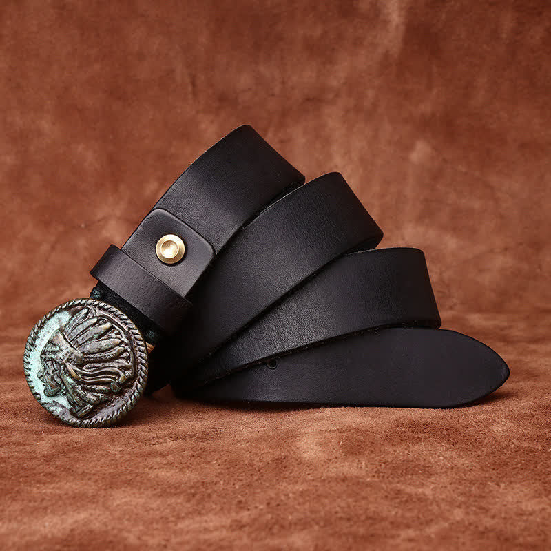 Ceinture en cuir à tête d'Indien vintage vieillie pour homme