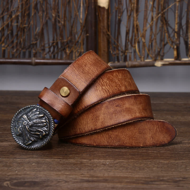 Ceinture en cuir à tête d'Indien vintage vieillie pour homme