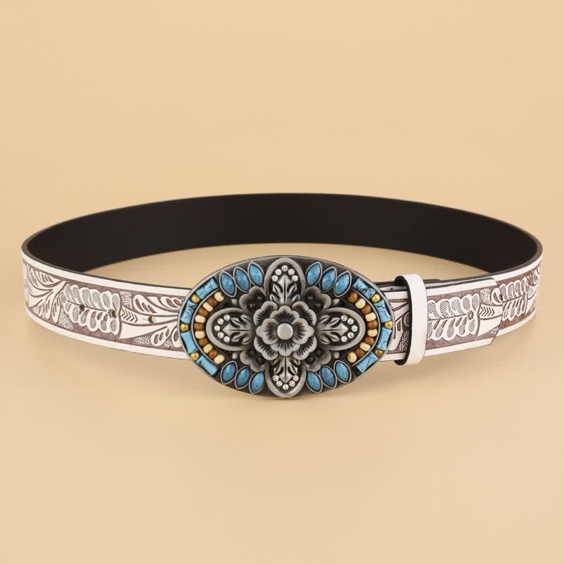 Ceinture en cuir à motif floral bohème turquoise pour femme