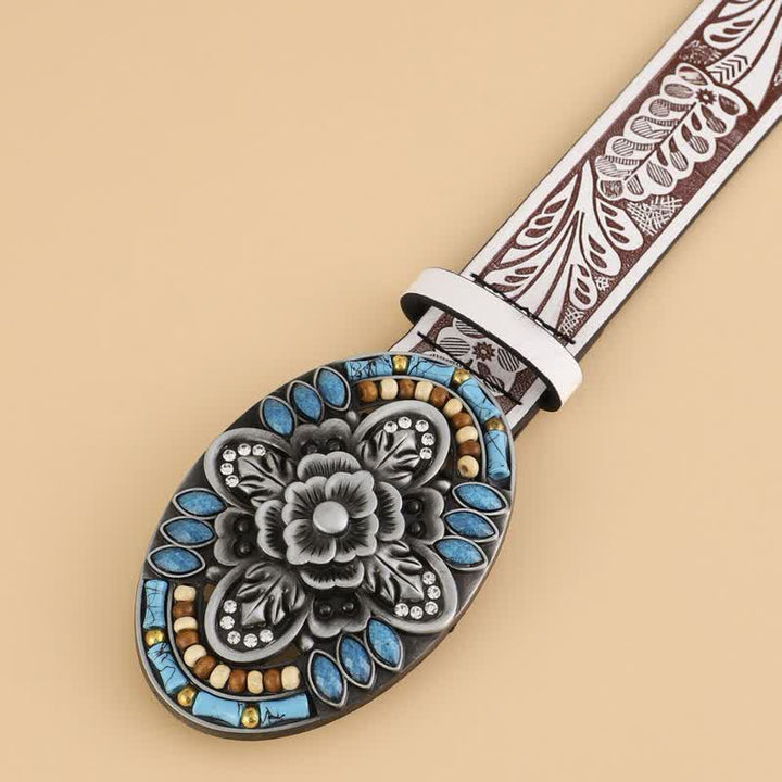 Ceinture en cuir à motif floral bohème turquoise pour femme