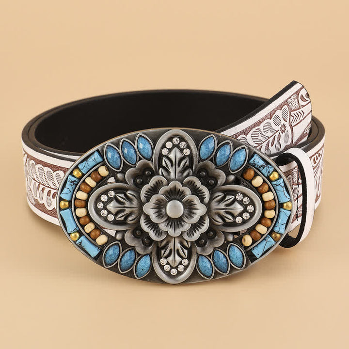 Ceinture en cuir à motif floral bohème turquoise pour femme