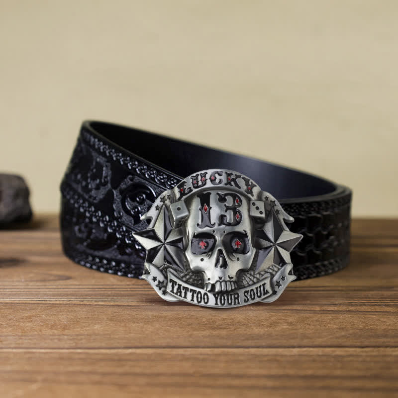 Ceinture en cuir avec boucle tête de mort en émail pour homme