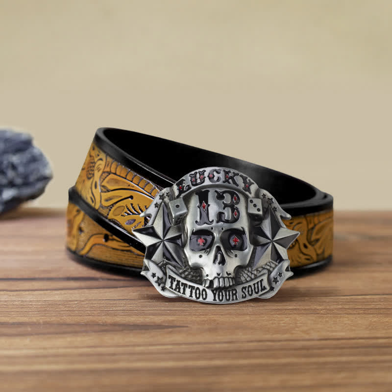 Ceinture en cuir avec boucle tête de mort en émail pour homme