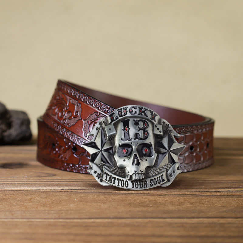 Ceinture en cuir avec boucle tête de mort en émail pour homme