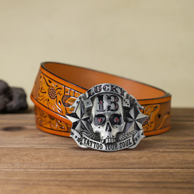 Ceinture en cuir avec boucle tête de mort en émail pour homme