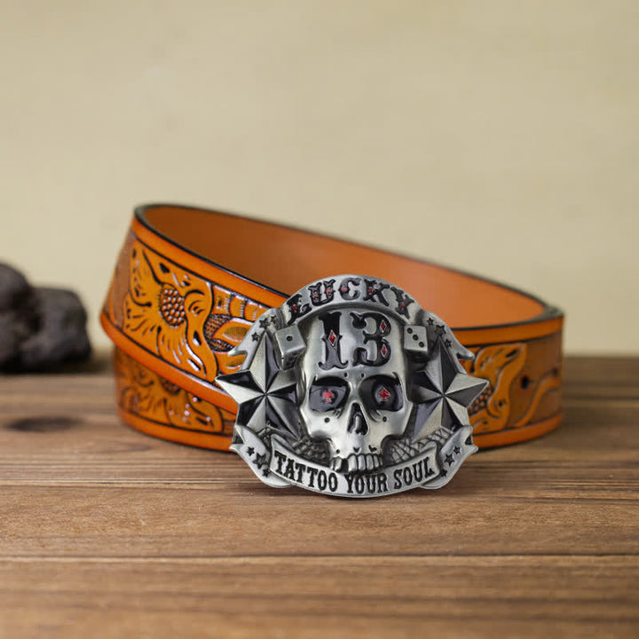 Ceinture en cuir avec boucle tête de mort en émail pour homme