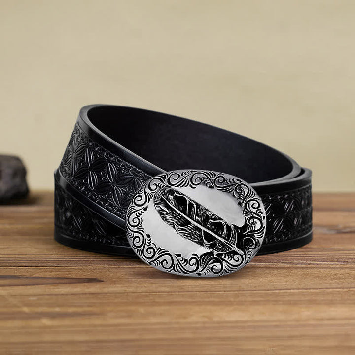 Ceinture en cuir avec boucle en plumes sculptées pour homme