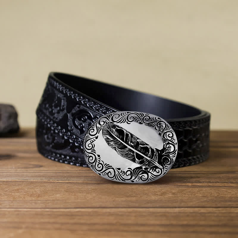 Ceinture en cuir avec boucle en plumes sculptées pour homme