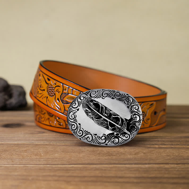 Ceinture en cuir avec boucle en plumes sculptées pour homme