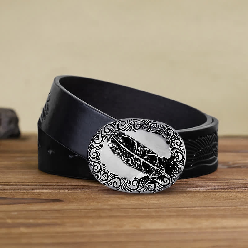 Ceinture en cuir avec boucle en plumes sculptées pour homme