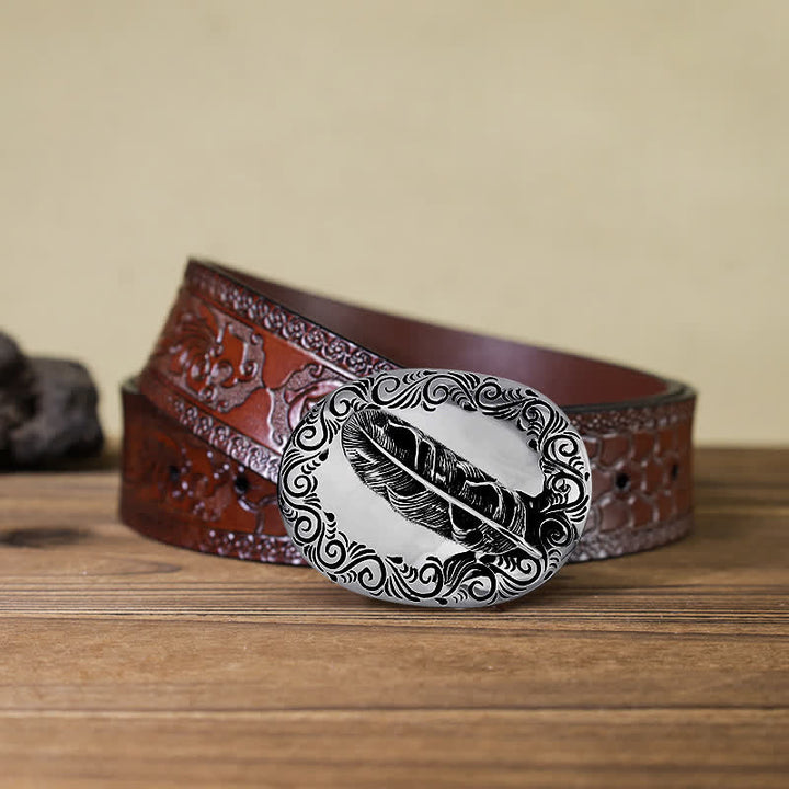 Ceinture en cuir avec boucle en plumes sculptées pour homme