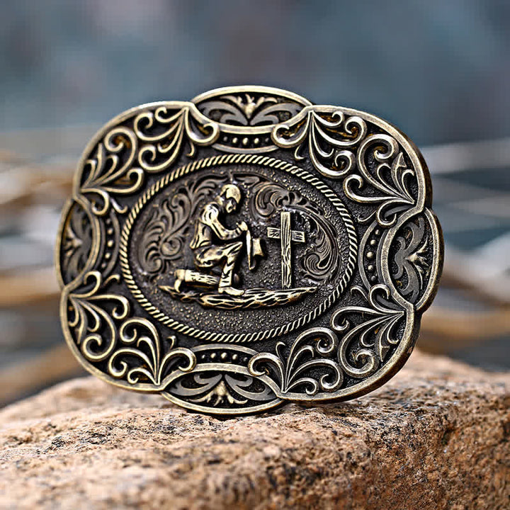 Ceinture en cuir à boucle occidentale pour homme avec prière à genoux