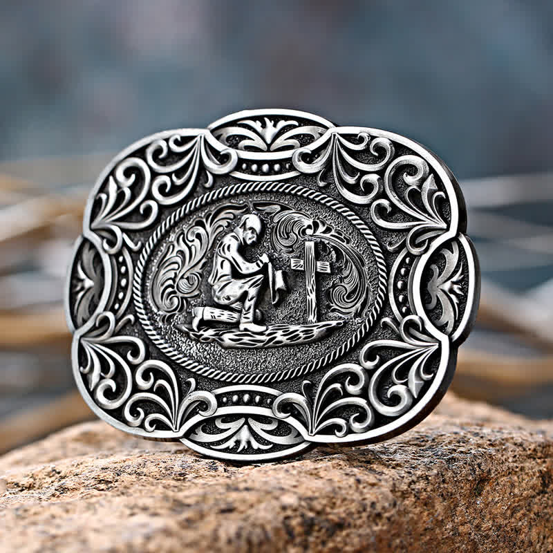 Ceinture en cuir à boucle occidentale pour homme avec prière à genoux