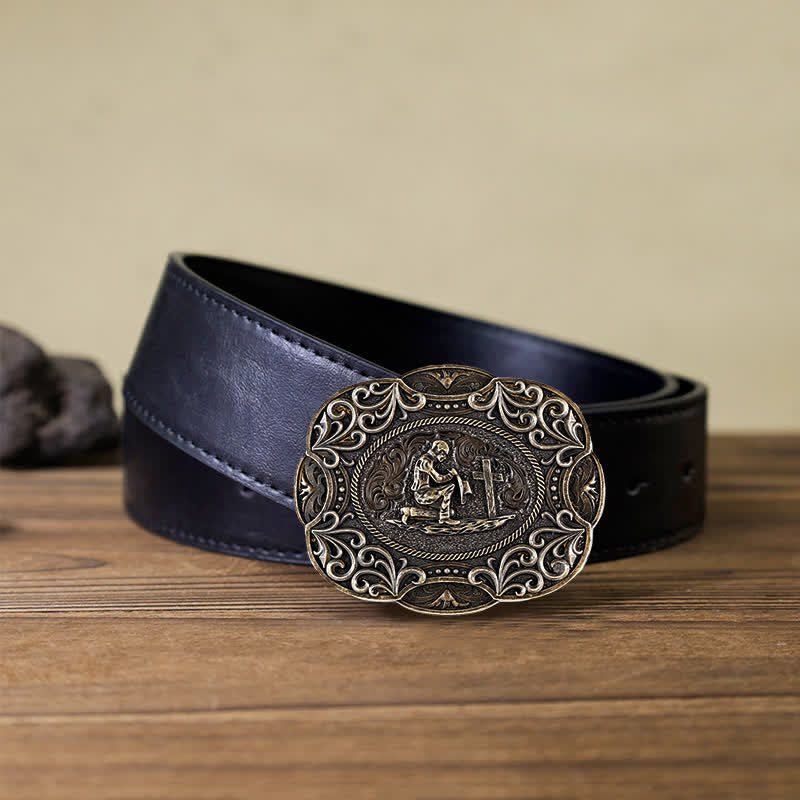 Ceinture en cuir à boucle occidentale pour homme avec prière à genoux