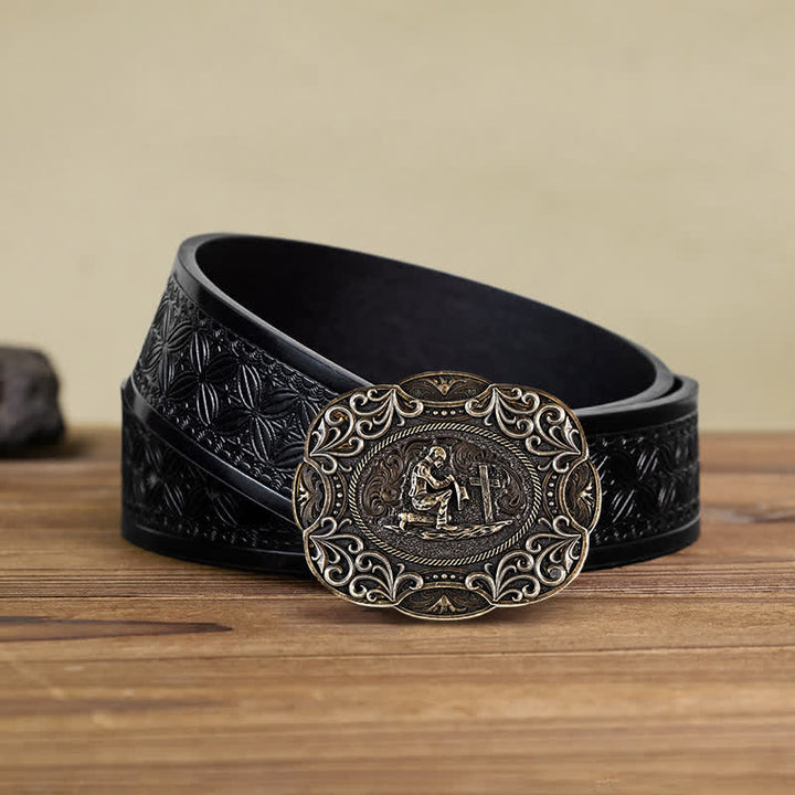 Ceinture en cuir à boucle occidentale pour homme avec prière à genoux