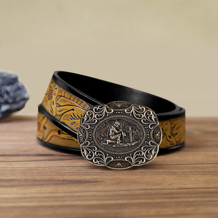 Ceinture en cuir à boucle occidentale pour homme avec prière à genoux