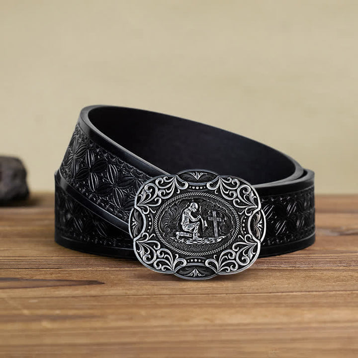 Ceinture en cuir à boucle occidentale pour homme avec prière à genoux