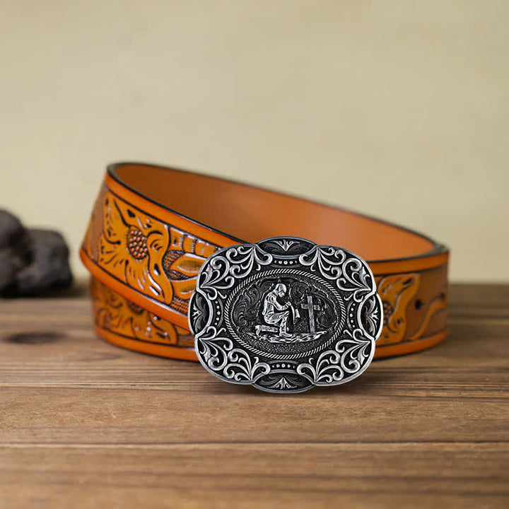 Ceinture en cuir à boucle occidentale pour homme avec prière à genoux