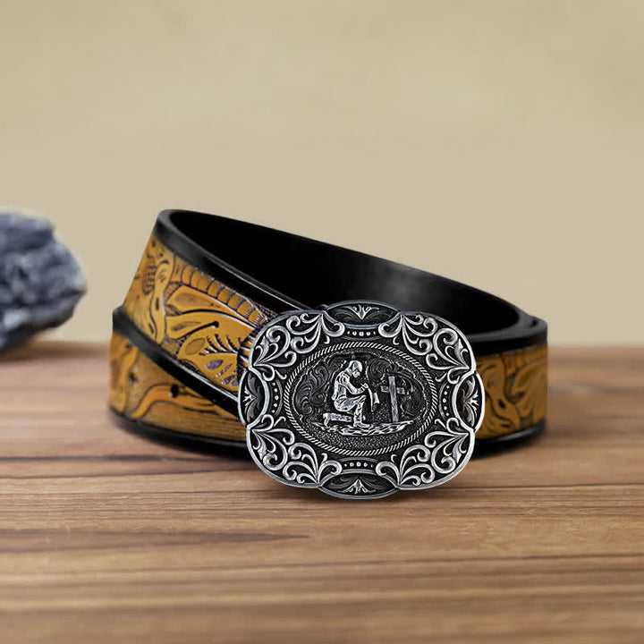 Ceinture en cuir à boucle occidentale pour homme avec prière à genoux