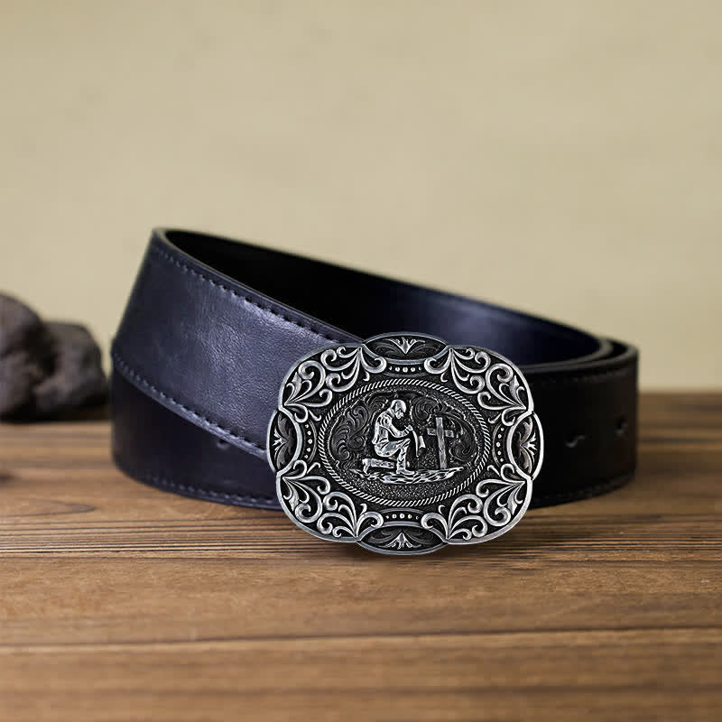 Ceinture en cuir à boucle occidentale pour homme avec prière à genoux