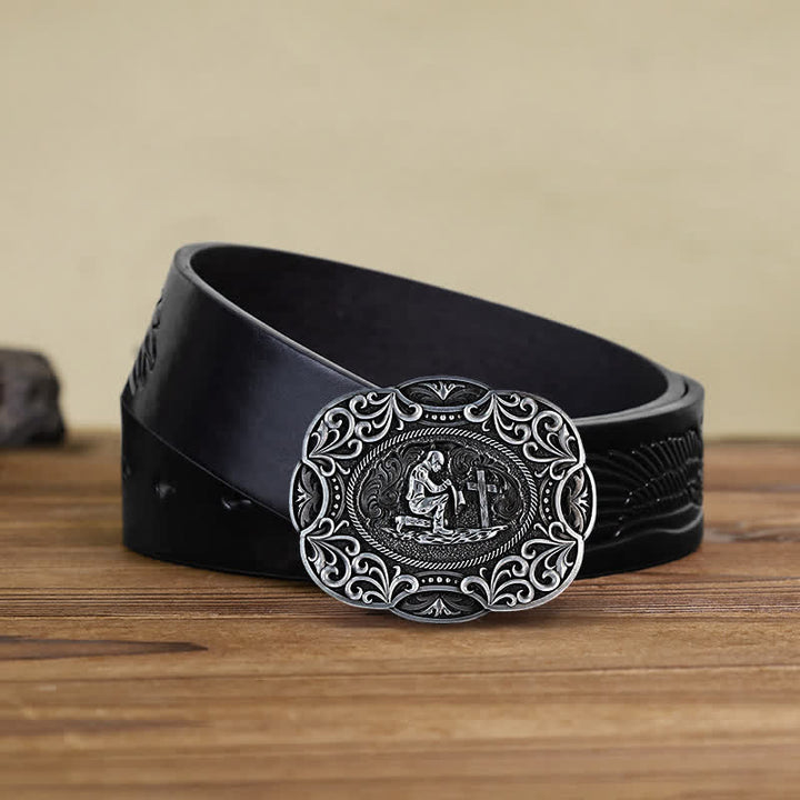 Ceinture en cuir à boucle occidentale pour homme avec prière à genoux