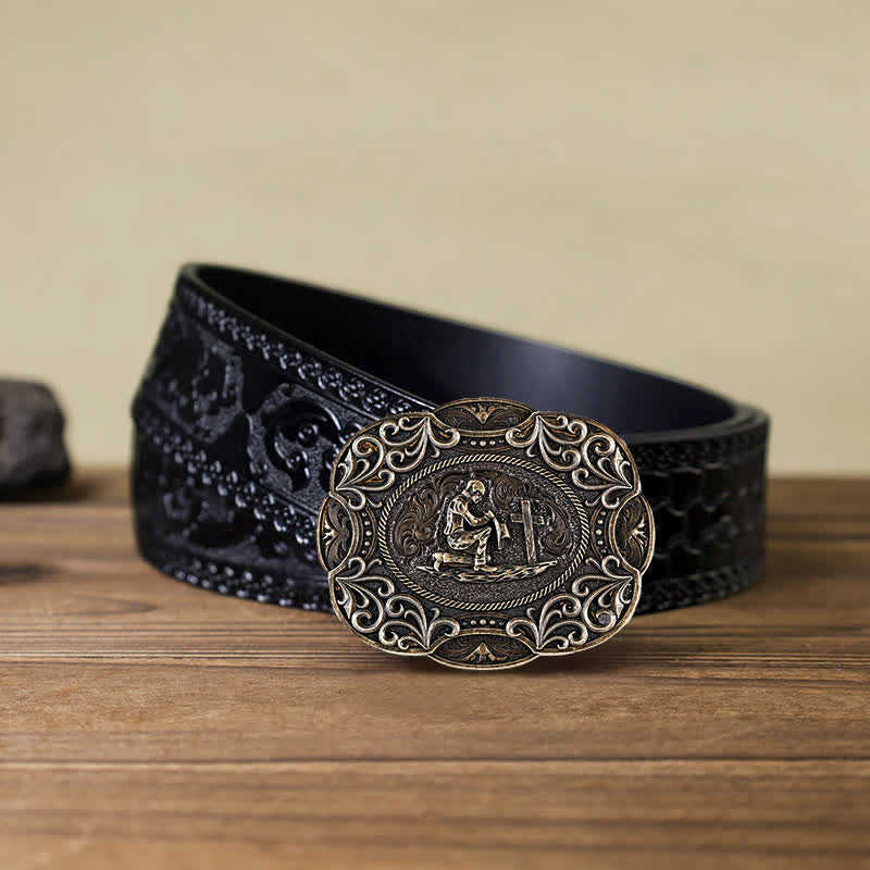 Ceinture en cuir à boucle occidentale pour homme avec prière à genoux