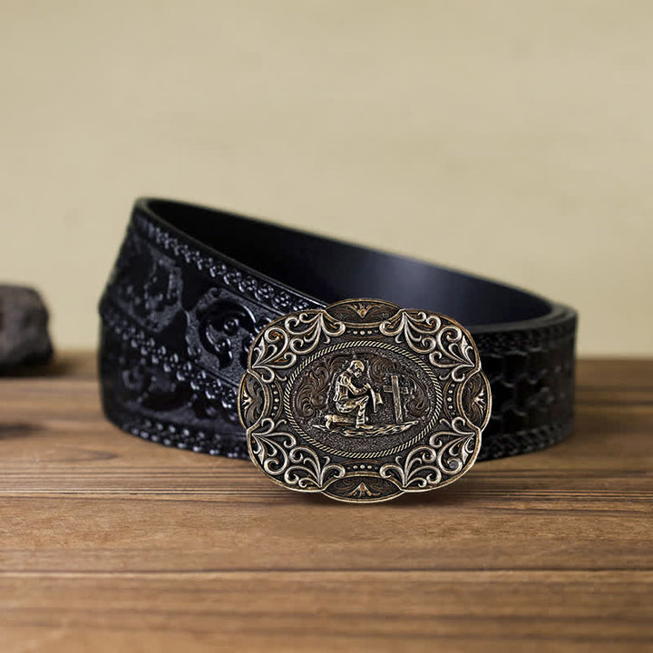 Ceinture en cuir à boucle occidentale pour homme avec prière à genoux