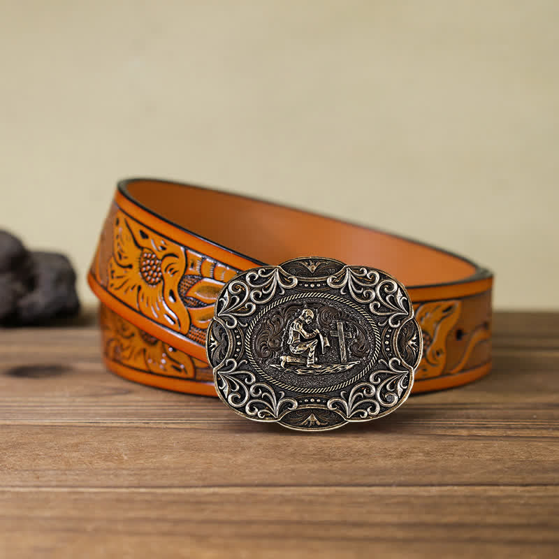 Ceinture en cuir à boucle occidentale pour homme avec prière à genoux