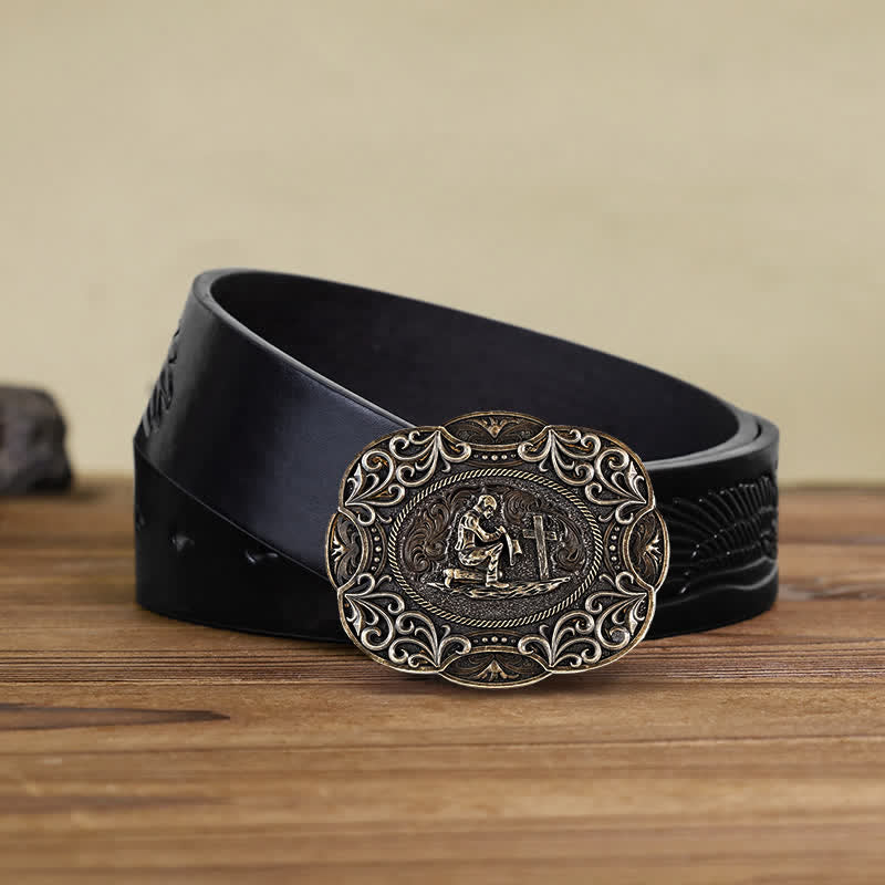 Ceinture en cuir à boucle occidentale pour homme avec prière à genoux