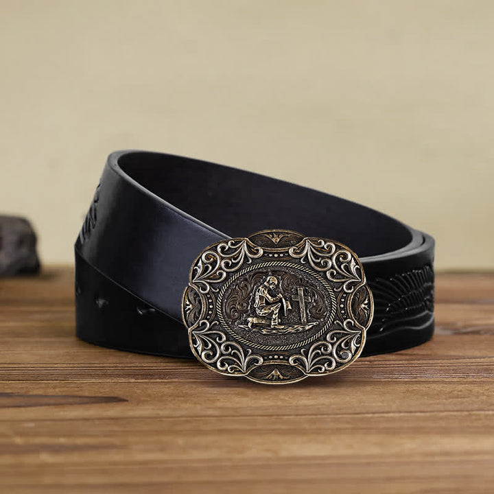 Ceinture en cuir à boucle occidentale pour homme avec prière à genoux