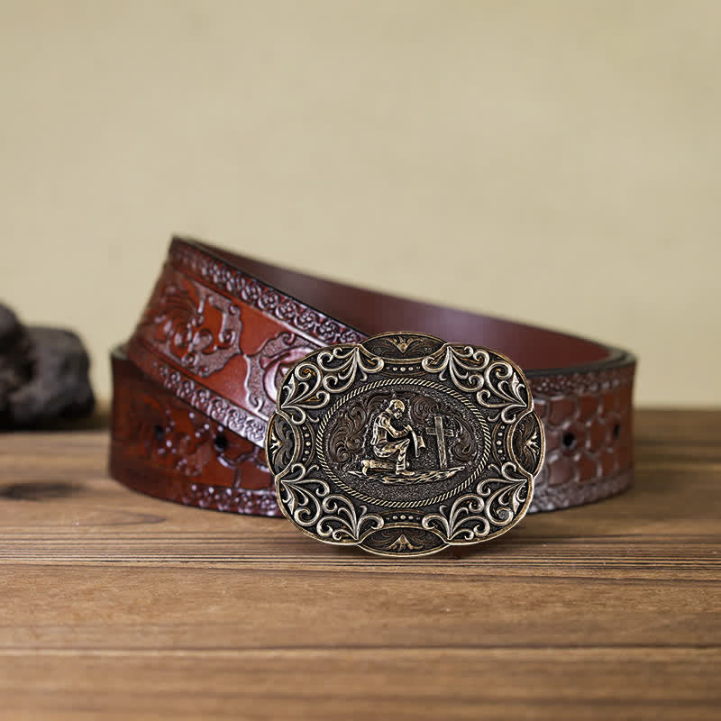 Ceinture en cuir à boucle occidentale pour homme avec prière à genoux