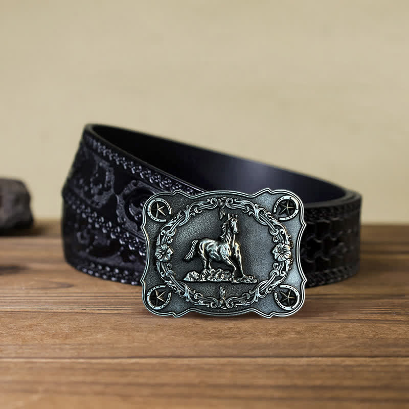 Ceinture en cuir à boucle pour homme avec motif cheval sauvage