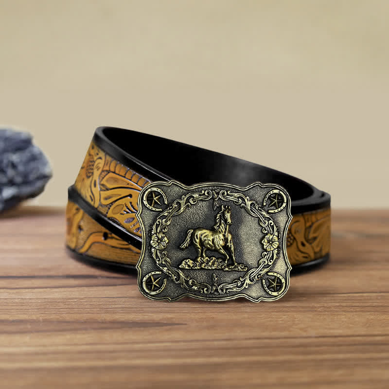 Ceinture en cuir à boucle pour homme avec motif cheval sauvage