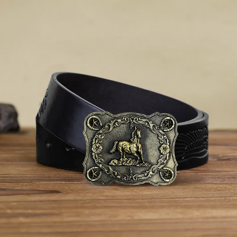 Ceinture en cuir à boucle pour homme avec motif cheval sauvage
