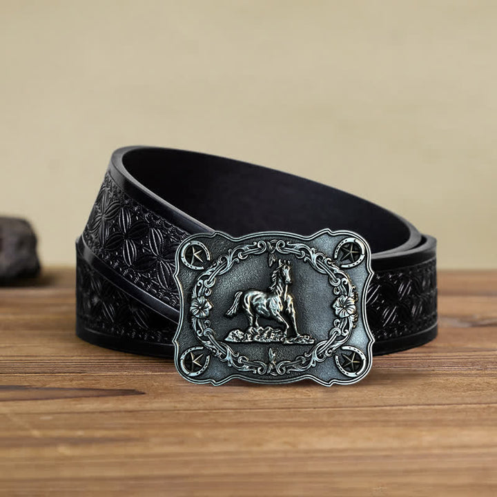 Ceinture en cuir à boucle pour homme avec motif cheval sauvage
